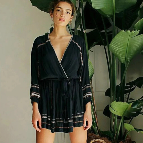 Free People Delilah Embroidered Wrap Mini Dress Midnight Blue Size XS